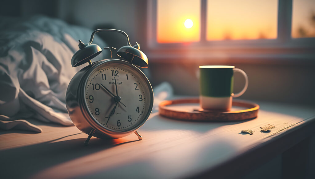 closeup alarm clock blurred morning background generative ai